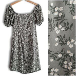 Twik by SIMONS \ Puff Sleeve Mini Dress Gray Sage Green White Ditsy Floral Sz M